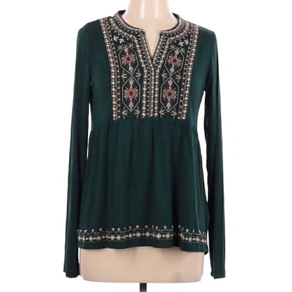 KNOX ROSE Embroidered Knit Top Dark Green Floral Boho Long Sleeve Peasant Blouse - Picture 3 of 13